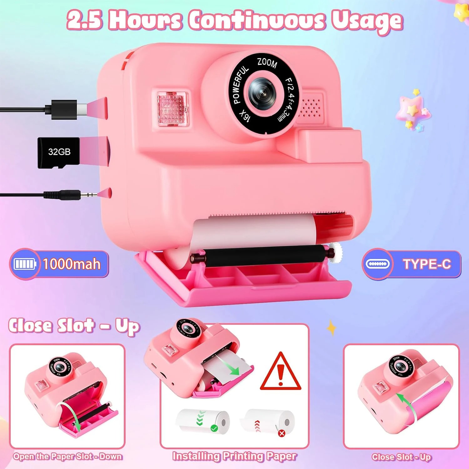 newInstant Print Camera With 3 - Kids Toys Top View recensione e prezzo